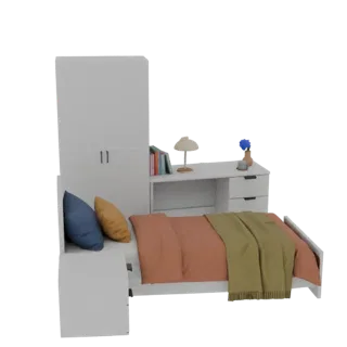 3D модель современного комплекта для спальни с кроватью, столом, лампой, книгами и шкафом.