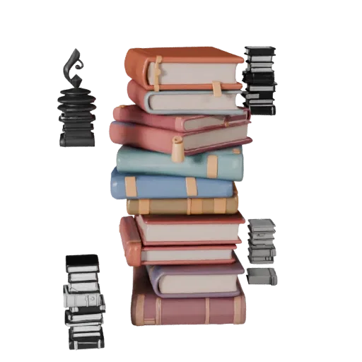 Стилизованная 3D модель уютной стопки книг, стилизованный изометрический рендер, показывающий керамику, узнаваемые повседневн