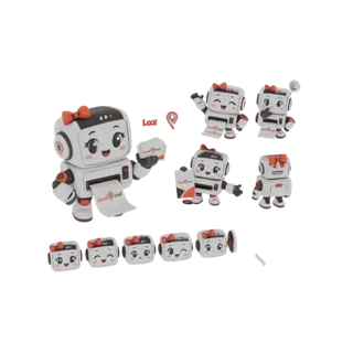 3D render of a cute white robot printer with a red bow, holding paper and printing a receipt, shown in multiple poses.