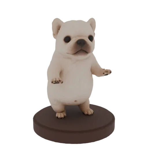 3D модель милого кремового щенка французского бульдога, стоящего на коричневом круглом основании, с большими ушами и игривым