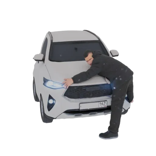3D модель мужчины, нежно обнимающего капот белого автомобиля с включенными фарами.