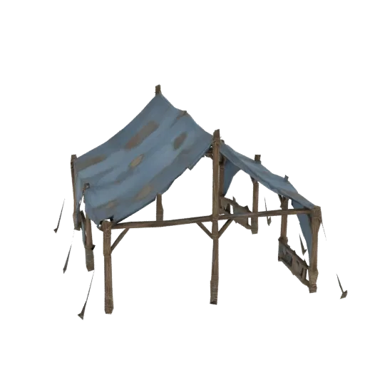 3D модель ветхой средневековой рыночной лавки с деревянным каркасом и рваным синим брезентовым навесом, изолированная на бело