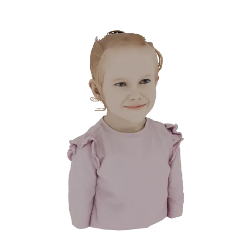 3D-модель улыбающейся девочки-малышки со светлыми волосами, одетой в розовую блузку с длинными рукавами и оборками на плечах.