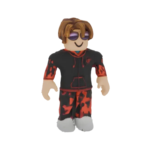 3D модель персонажа Roblox в черной толстовке с красно-черным камуфляжем и брюках, с очками и каштановыми волосами.