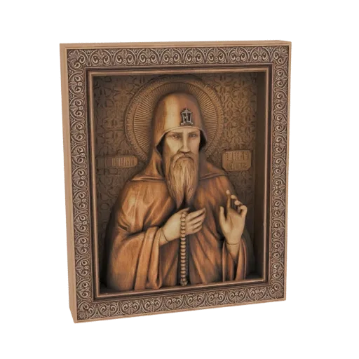 Рендер 3D модели православной иконы монаха в стиле барельефа с замысловатыми деталями и орнаментированной рамой.