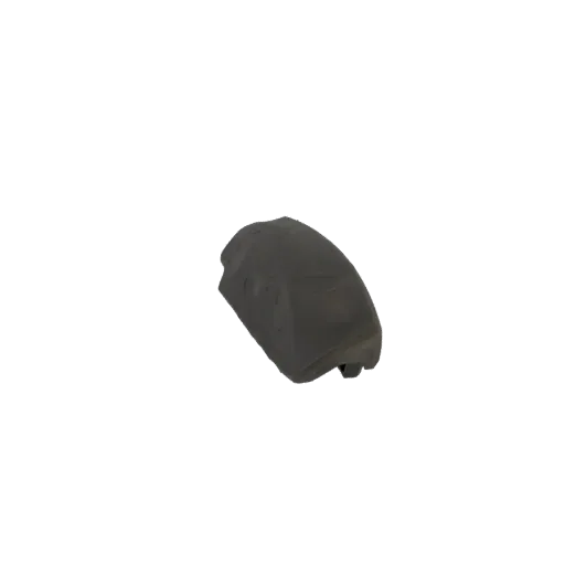 3D модель смятой серой пластиковой крышки от бутылки, показывающая ее деформированную форму и матовую текстуру.