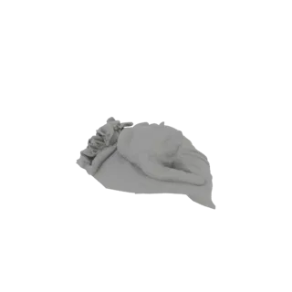 A 3D render of a grey tiger sleeping peacefully on a large, textured leaf, viewed from a slightly elevated side angle.