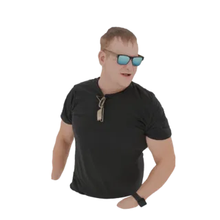 3D модель мужчины в черной футболке и синих солнцезащитных очках с кулоном, в повседневной позе.