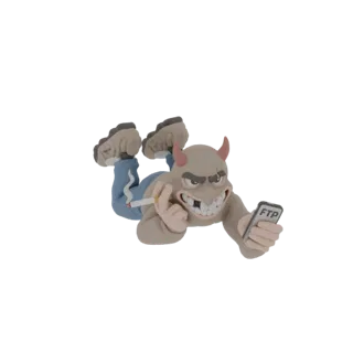 3D модель дьявольского персонажа с рогами, курящего сигарету и держащего смартфон с видимым 'FTP', выполненная в глиняном сти