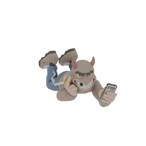 3D модель дьявольского персонажа с рогами, курящего сигарету и держащего смартфон с видимым 'FTP', выполненная в глиняном сти