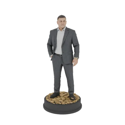 3D модель мужчины в сером костюме в полоску, стоящего на брусчатой основе, с рукой в кармане.