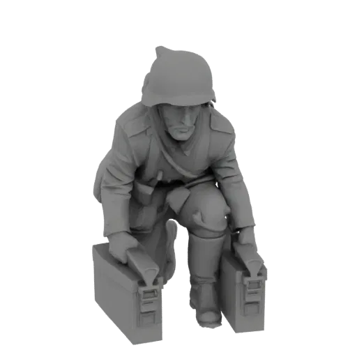 3D модель солдата на коленях с двумя ящиками боеприпасов, в шлеме и тактическом снаряжении.