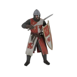 3D model of a medieval knight in full armor, holding a sword and shield, with heraldic symbols on his surcoat and shield.