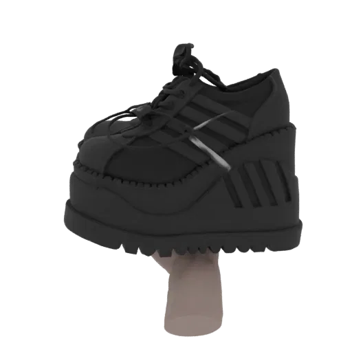 3D модель черных кроссовок на платформе с толстой подошвой, представленная на нейтральном фоне.