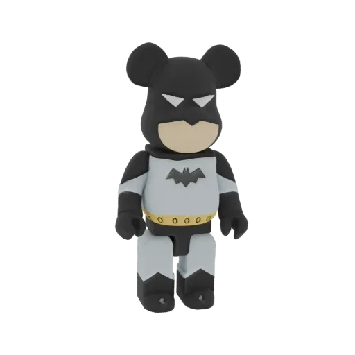 3D рендер игрушки Бэтмен Bearbrick в черном капюшоне и плаще, сером костюме с символом летучей мыши и желтом поясе.