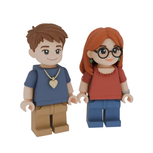 3D-модель стилизованной пары, держащейся за руки, мужчина в синей рубашке и бежевых брюках, женщина в красном топе и синих дж