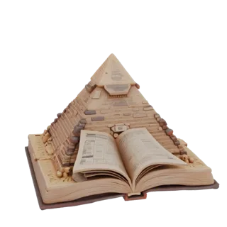 3D модель раскрытой книги с детализированной египетской пирамидой, стоящей на ее страницах, на белом фоне.