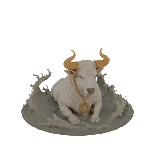 3D модель белого быка Тельца с золотыми рогами и ожерельем, на сером основании из брызг воды.