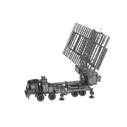 3D модель мобильной РЛС на грузовике с антенной, наклоненной вверх.