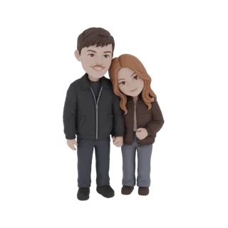 3D-модель пары в нежных объятиях, соприкасающиеся головами, держащиеся за руки, стилизованные черты.