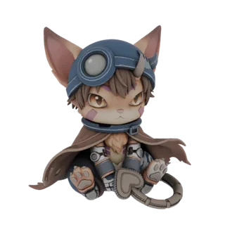 3D-рендер чиби-персонажа Наначи из Made in Abyss, сидящего в коричневом плаще и синих очках.
