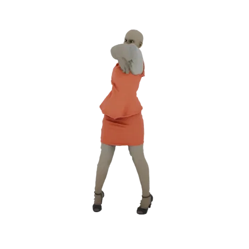 3D модель лысого манекена в ярком оранжевом платье с баской и черных туфлях, динамичная поза.