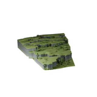 Стилизованная 3D-модель заколдованной поляны, стилизованный изометрический рендер среды, показывающий слои рельефа, детали ре