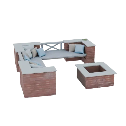 3D модель современного уличного комплекта мебели из кирпича, с легкими серыми бетонными столешницами, синими и бежевыми подуш