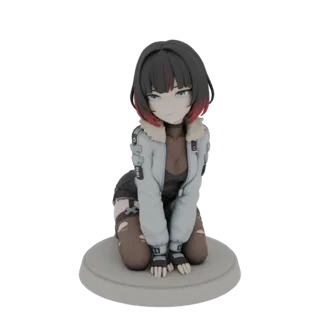 3D model of an anime girl kneeling, wearing a white jacket with fur trim, dark top, and ripped brown pants.