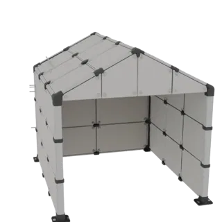 3D модель модульной открытой беседки с двускатной крышей, из светло-серых панелей и темно-серых соединителей.