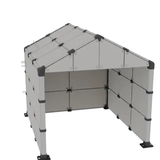 3D модель модульной открытой беседки с двускатной крышей, из светло-серых панелей и темно-серых соединителей.