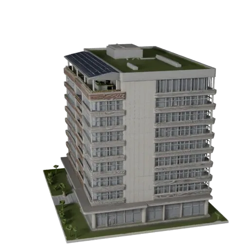 Реалистичная 3D модель устойчивого офисного здания, вид в три четверти снаружи, показывающий материалы коммерческого офисного