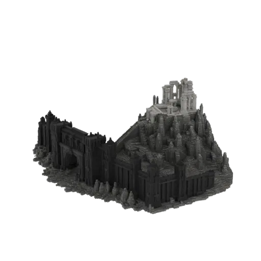 3D модель темной, внушительной крепости с длинной стеной, аркой и разрушенной цитаделью на скалистой вершине.