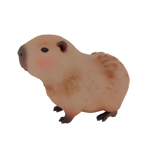 3D-модель милой капибарки с розовыми щечками, стоящей на четырех лапах, с мягкой текстурой шерсти и выразительными глазами.