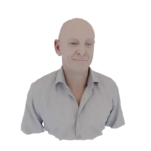 3D-модель лысого мужчины с дружелюбной улыбкой в голубой рубашке на пуговицах на белом фоне.