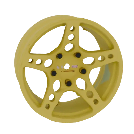 3D рендер ярко-желтого пятиспицевого звездного диска с круглыми вырезами, изолированный на белом фоне.