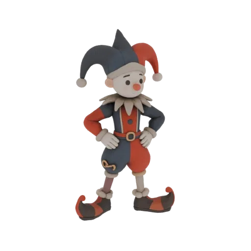 3D модель фигурки шута в ярком костюме с колпаком, руки на поясе, на белом фоне