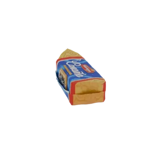 3D модель батончика Caramelo Wafer в сине-красной упаковке, показывающая слои вафли.