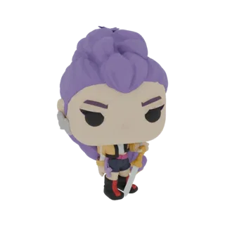 3D-модель воина с фиолетовыми волосами в стиле Funko Pop, с мечом, в желтой куртке и темных шортах.