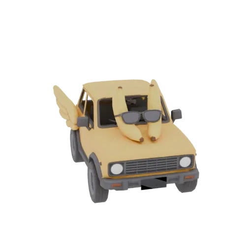 3D модель желтого автомобиля в стиле киберпанк с крыльями и бананом в темных очках за рулем.
