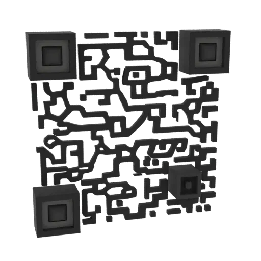 3D рендер абстрактного QR-кода в темной металлической отделке со сложными стилизованными узорами.