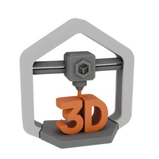 3D-рендер серого и белого 3D-принтера, печатающего оранжевым филаментом буквы '3D'.