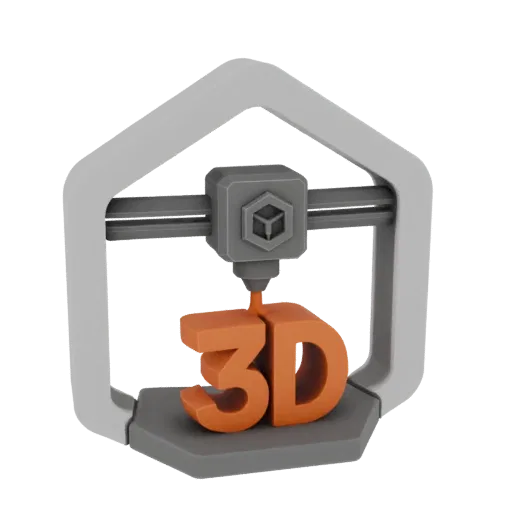 3D-рендер серого и белого 3D-принтера, печатающего оранжевым филаментом буквы '3D'.