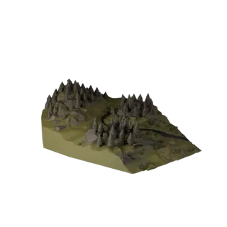 Высокополигональная 3D модель биома таежной реки, кинематографический рендер окружения крупным планом, показывающий слои рель