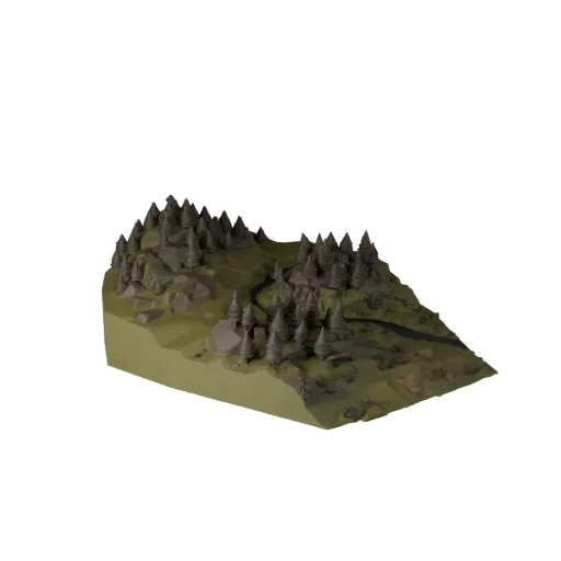 Высокополигональная 3D модель биома таежной реки, кинематографический рендер окружения крупным планом, показывающий слои рель
