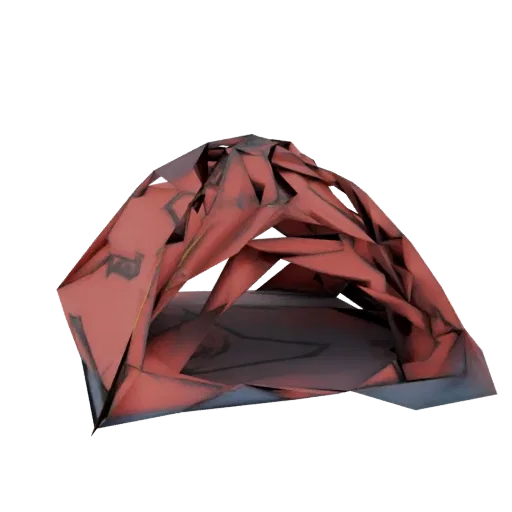 3D-рендер абстрактной геометрической структуры с острыми углами и состаренной красно-темно-серой отделкой.