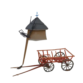 3D модель деревенской мельницы с конической крышей и красной деревянной тележкой со спицевыми колесами на белом фоне.