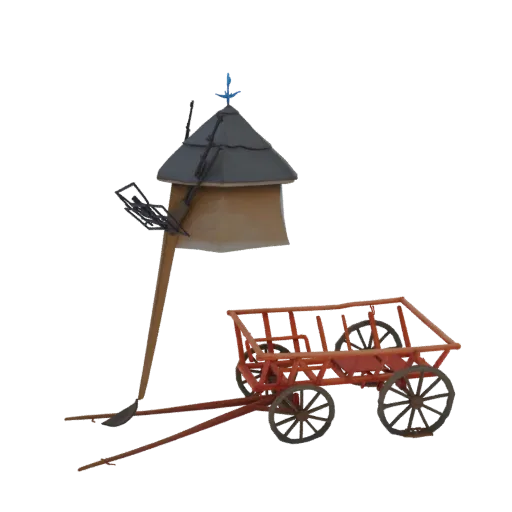 3D модель деревенской мельницы с конической крышей и красной деревянной тележкой со спицевыми колесами на белом фоне.