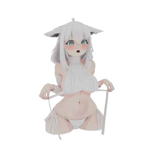 3D модель беловолосой аниме девушки с голубыми глазами в белом свитере Virgin Killer и бикини, в игривой позе.