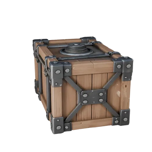 Низкополигональная 3D-модель промышленного ящика, вид в игровом окне с трех четвертей, показывающий деревянные доски, штабели
